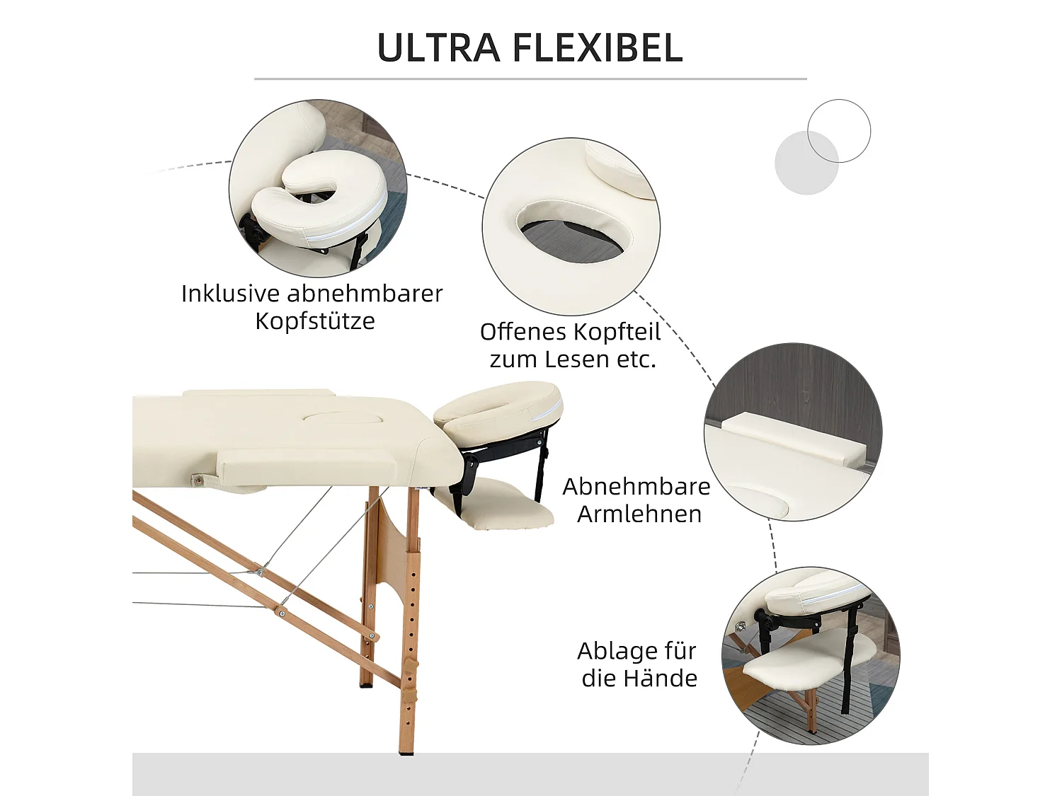 Opvouwbare, verstelbare massagetafel, beukenhout, crèmekleurig imitatieleer (185x60x61-87 cm)