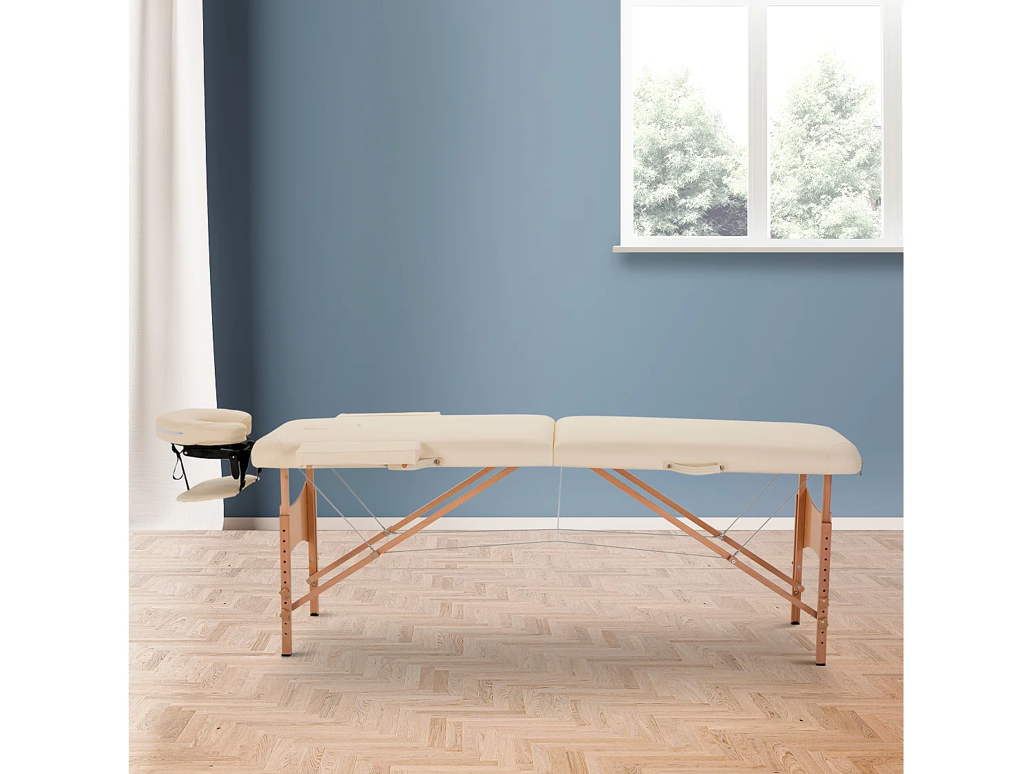 Lettino da massaggio pieghevole e regolabile, in legno di faggio, similpelle color crema (185x60x61-87 cm)