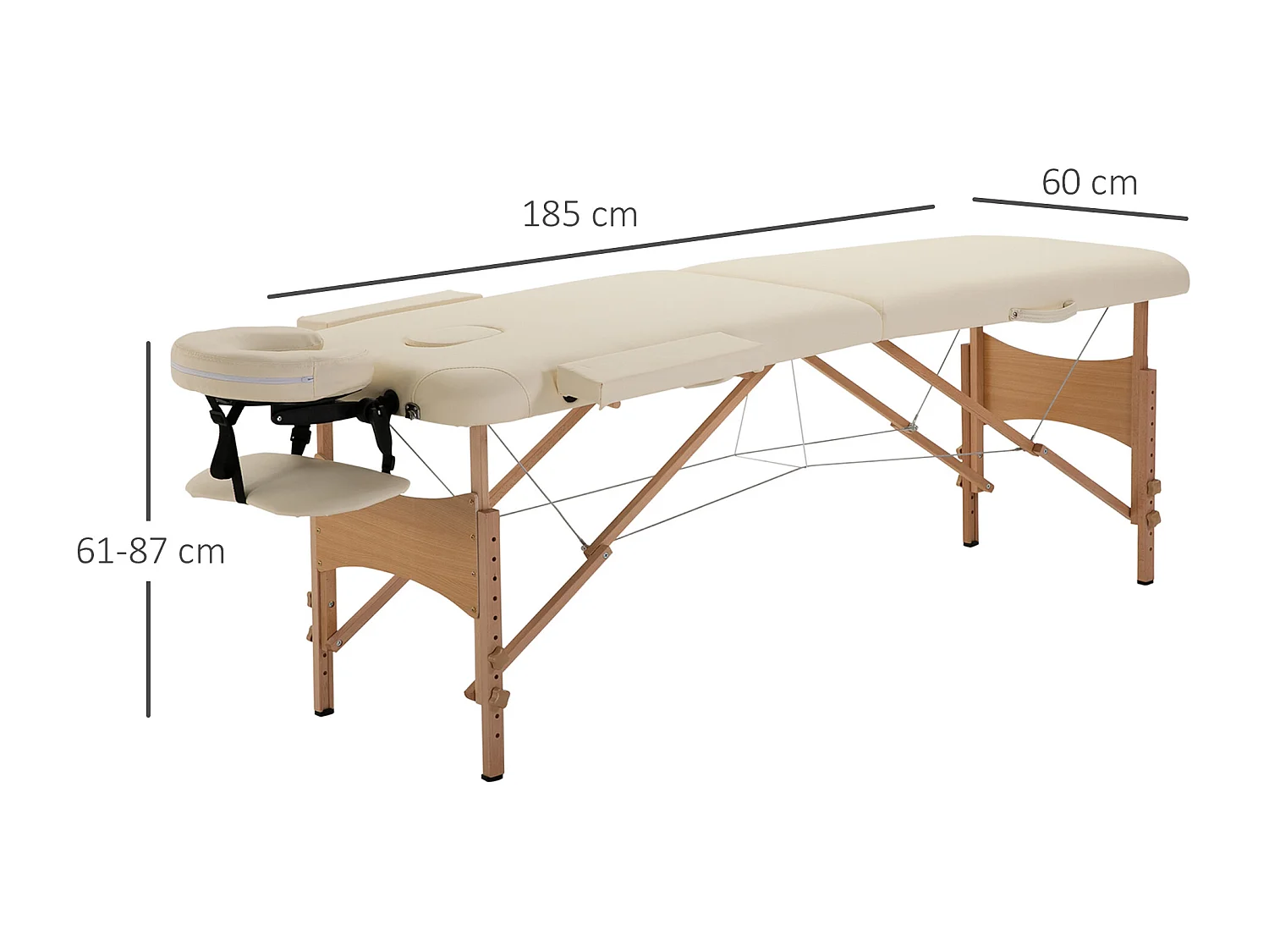 Lettino da massaggio pieghevole e regolabile, in legno di faggio, similpelle color crema (185x60x61-87 cm)