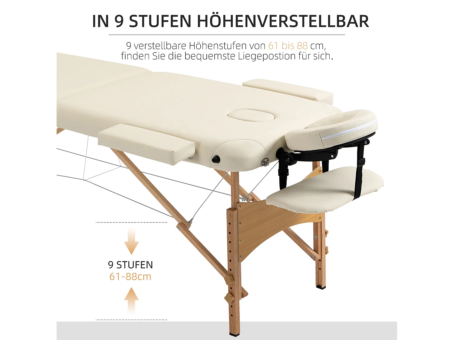 Lettino da massaggio pieghevole e regolabile, in legno di faggio, similpelle color crema (185x60x61-87 cm)