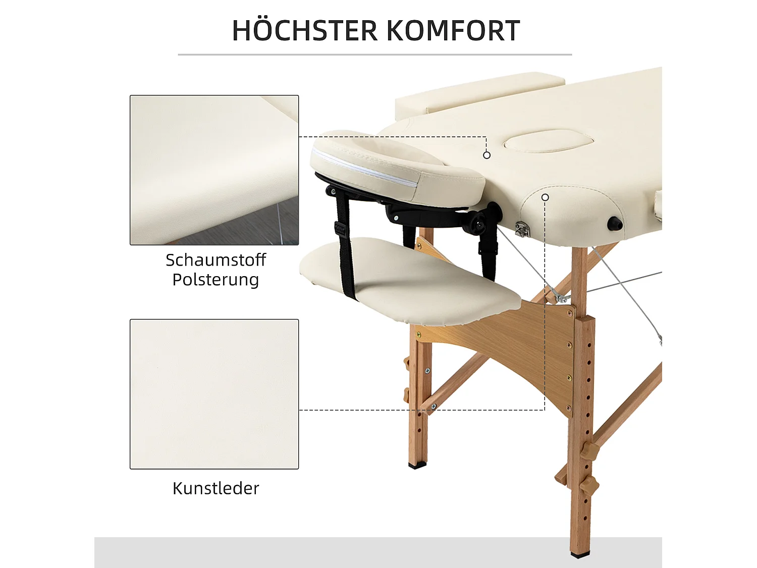 Lettino da massaggio pieghevole e regolabile, in legno di faggio, similpelle color crema (185x60x61-87 cm)