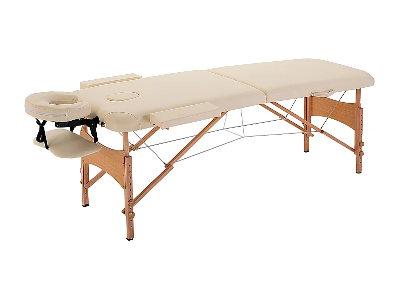 Lettino da massaggio pieghevole e regolabile, in legno di faggio, similpelle color crema (185x60x61-87 cm)