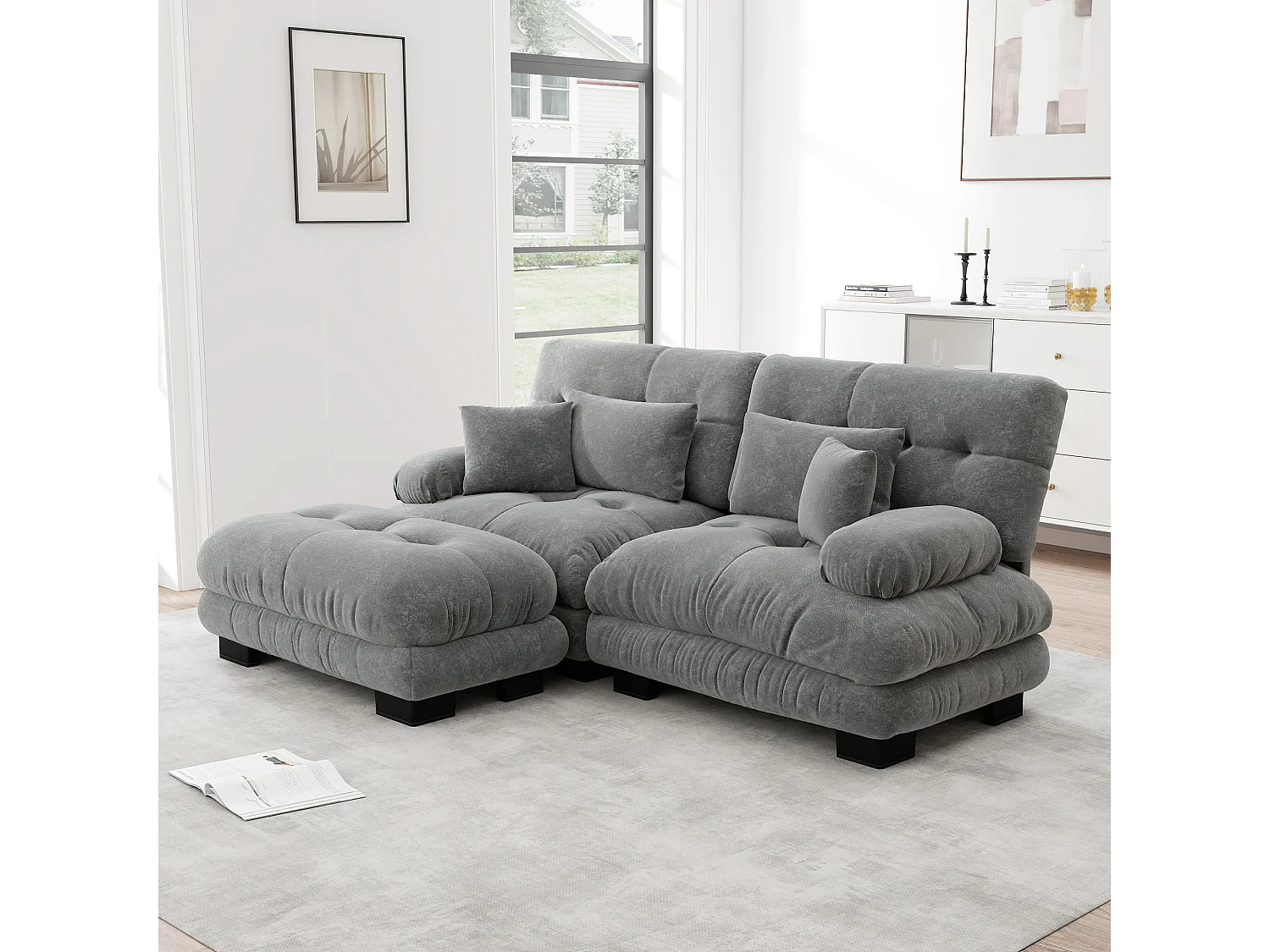 Cloud Hoekbank, 2-zitsbank met 2 lendenkussens, 2 sierkussens, brede armleuningen en voetenbank, grijs chenille (220x145x81 cm)