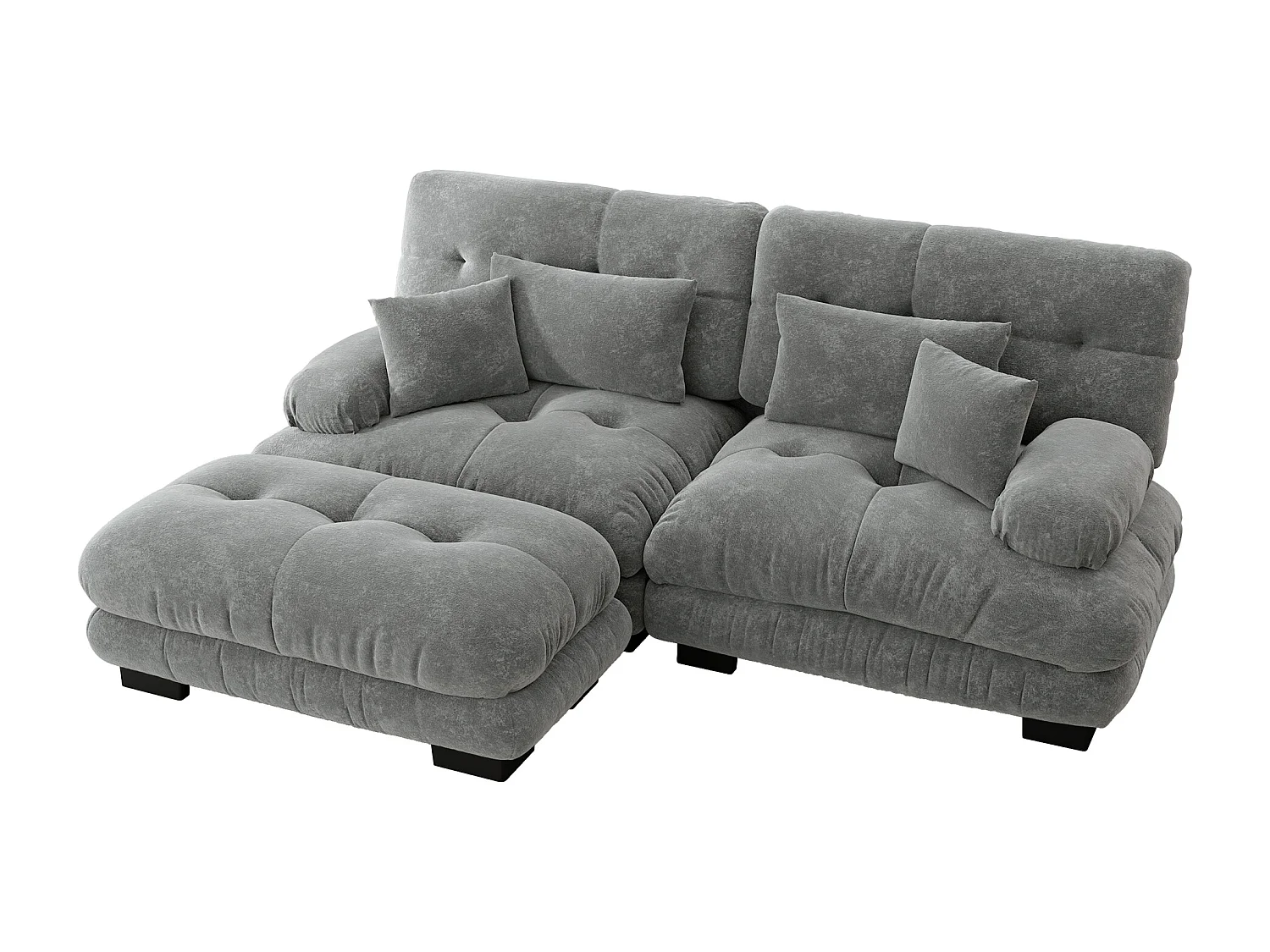 Cloud Hoekbank, 2-zitsbank met 2 lendenkussens, 2 sierkussens, brede armleuningen en voetenbank, grijs chenille (220x145x81 cm)