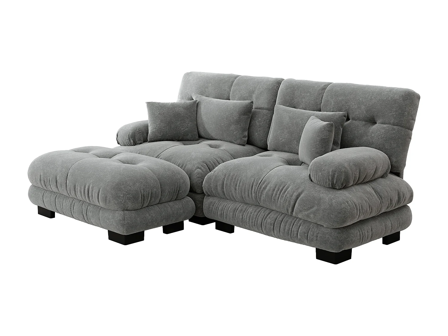 Cloud Hoekbank, 2-zitsbank met 2 lendenkussens, 2 sierkussens, brede armleuningen en voetenbank, grijs chenille (220x145x81 cm)