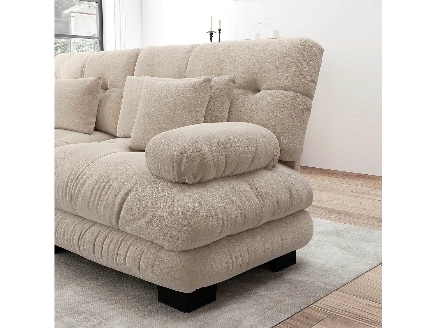 Divano angolare modulare di lusso, divano in ciniglia a forma di U, trasformabile in letto con pouf, colore caffè chiaro (313x145x81 cm)