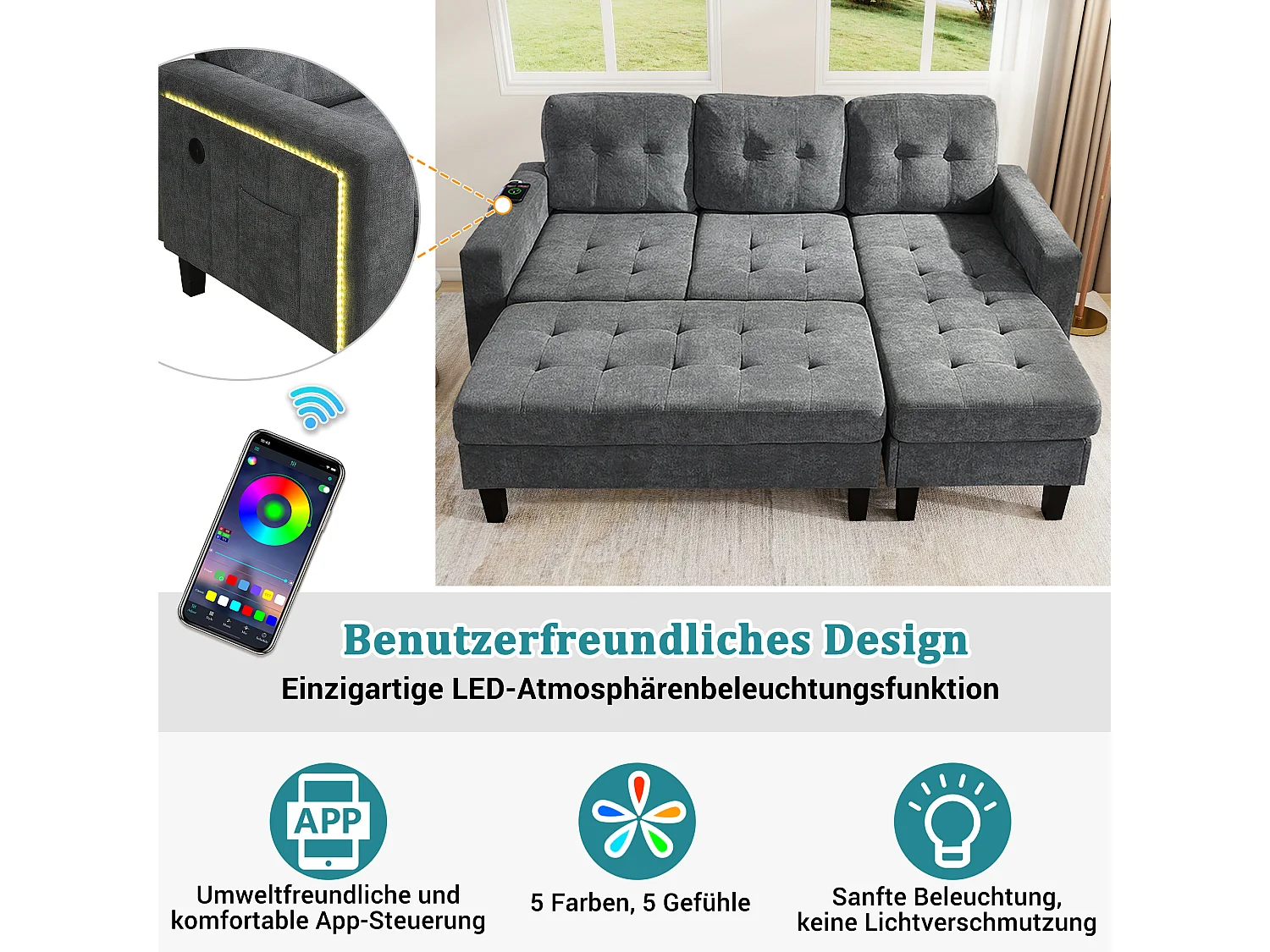 Modulaire L-vormige bank met uitneembare voetenbank en LED-verlichting, 3-zits, antiekgrijs (185x135x85 cm)
