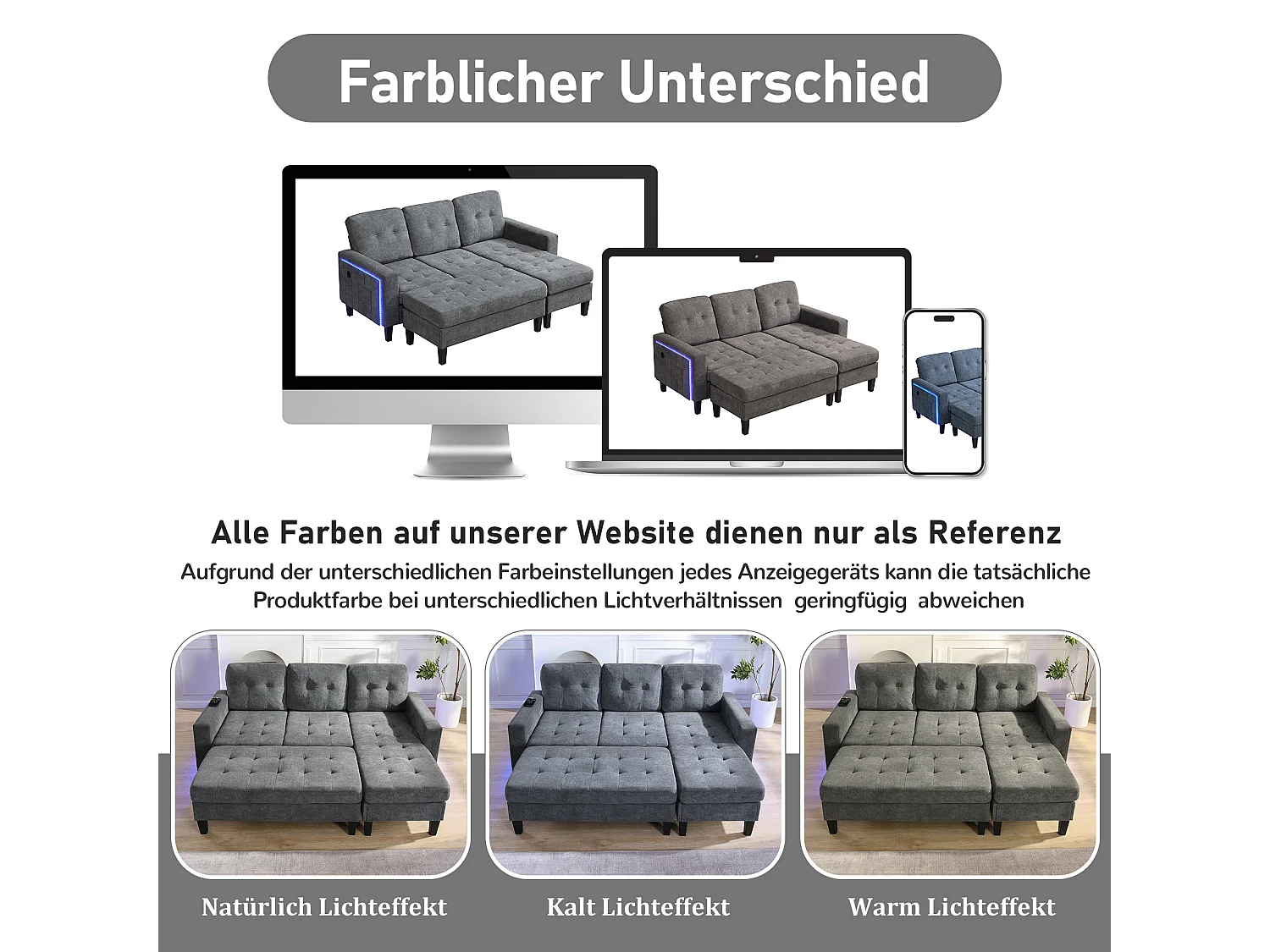 Modulaire L-vormige bank met uitneembare voetenbank en LED-verlichting, 3-zits, antiekgrijs (185x135x85 cm)