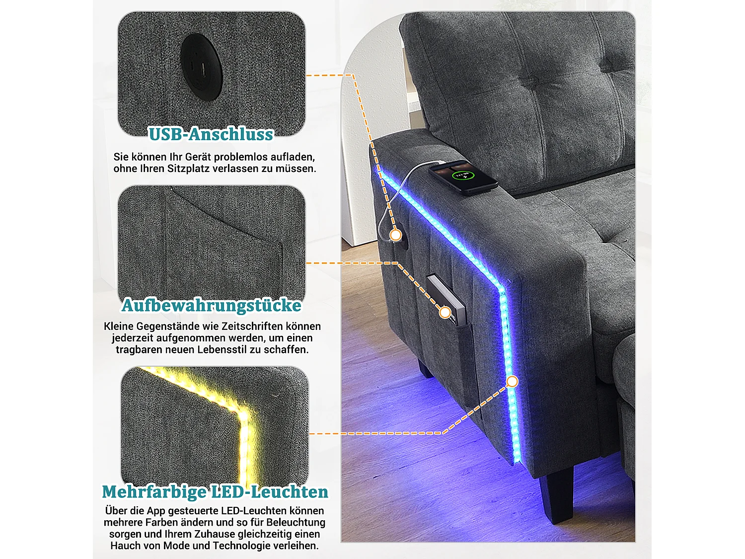 Modulaire L-vormige bank met uitneembare voetenbank en LED-verlichting, 3-zits, antiekgrijs (185x135x85 cm)