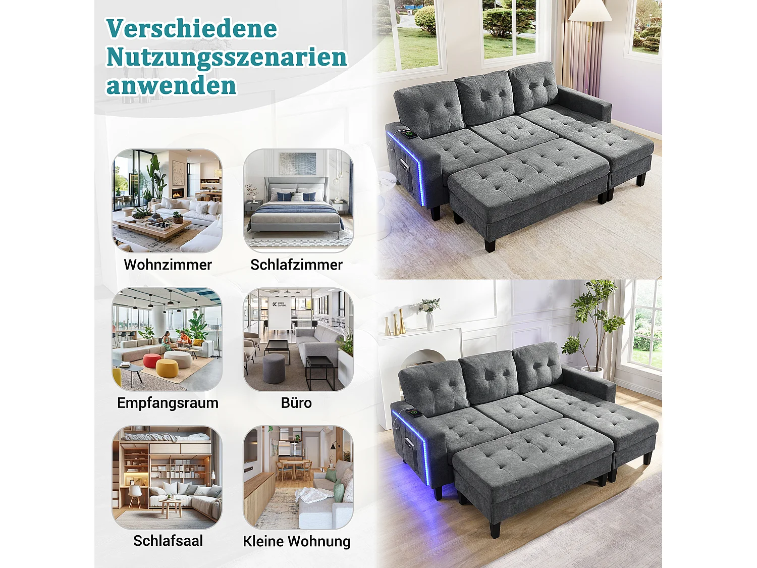 Modulaire L-vormige bank met uitneembare voetenbank en LED-verlichting, 3-zits, antiekgrijs (185x135x85 cm)