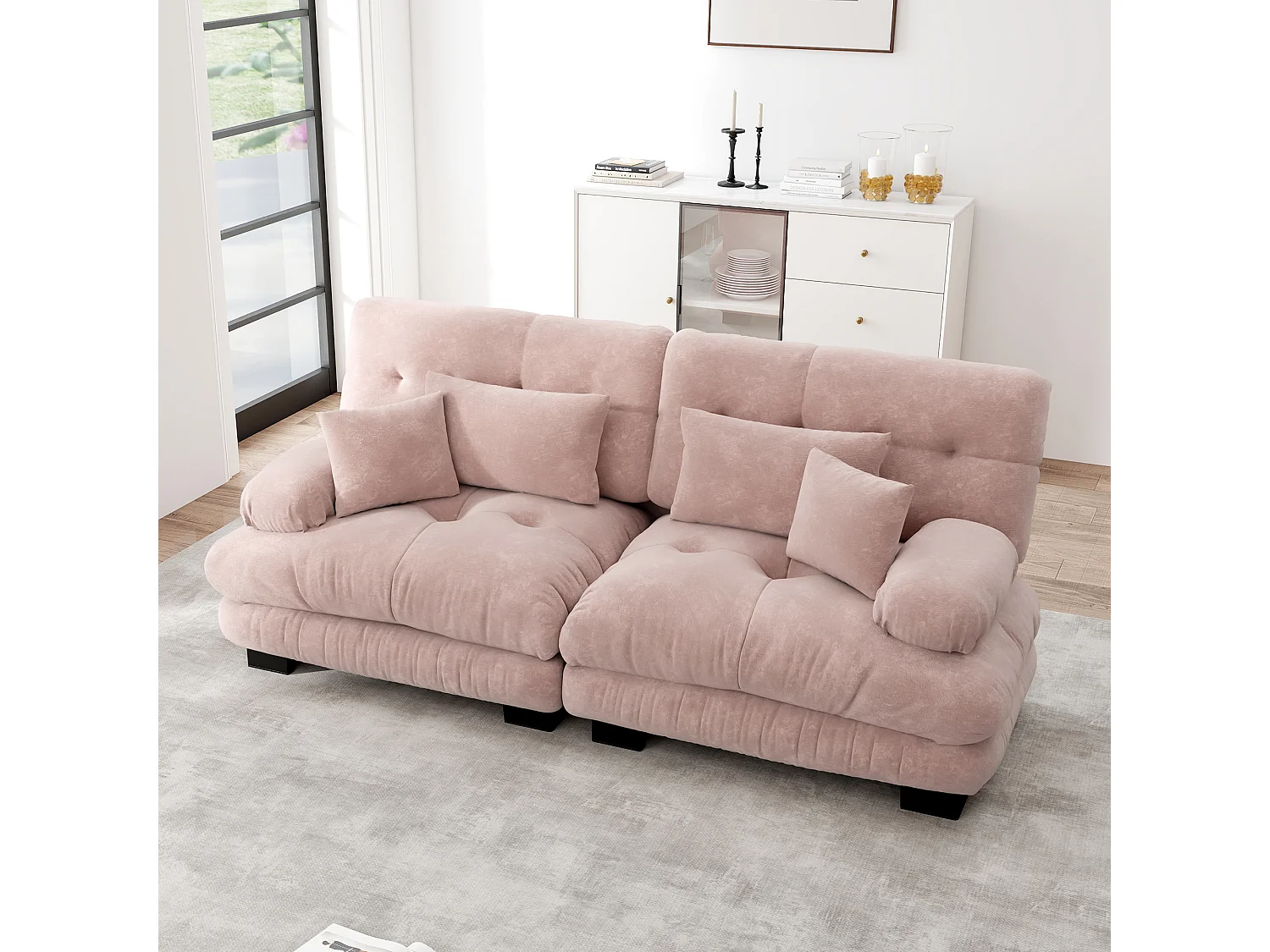 Divano angolare Cloud per soggiorno, divano doppio in ciniglia con 2 cuscini lombari e 2 cuscini decorativi, struttura in legno massello (220x77x81 cm)