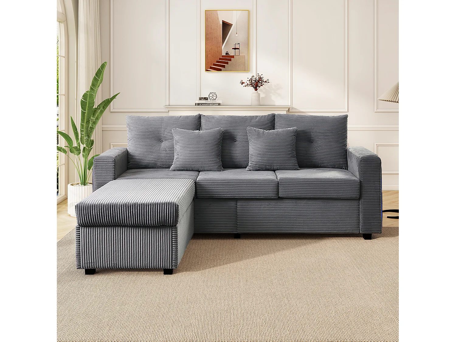 Modulaire LED-bank met 5 kussens, uitneembare voetenbank en modern design in antiekgrijs, hoge belastbaarheid (184x84,5x85,5 cm)