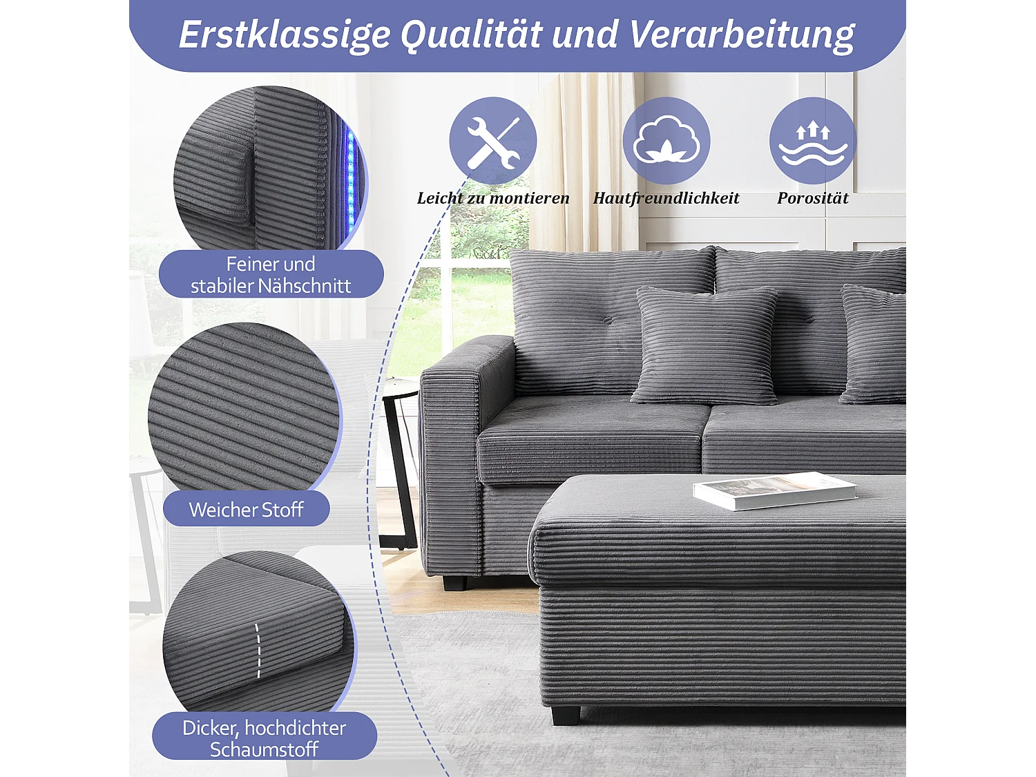 Modulaire LED-bank met 5 kussens, uitneembare voetenbank en modern design in antiekgrijs, hoge belastbaarheid (184x84,5x85,5 cm)