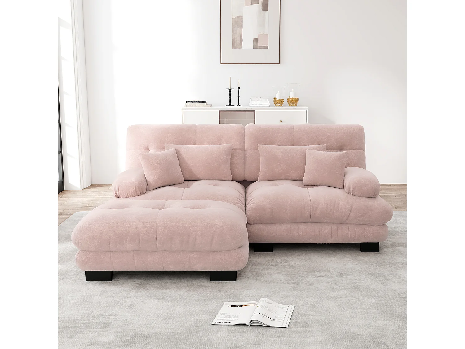 Divano angolare Cloud per soggiorno, divano doppio con 2 cuscini lombari e 2 cuscini decorativi (220x145x81 cm)