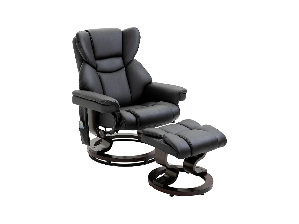 Fauteuil relax avec fonction massage et repose-pieds, simili cuir, noir, fonction inclinable (79x82x101 cm)