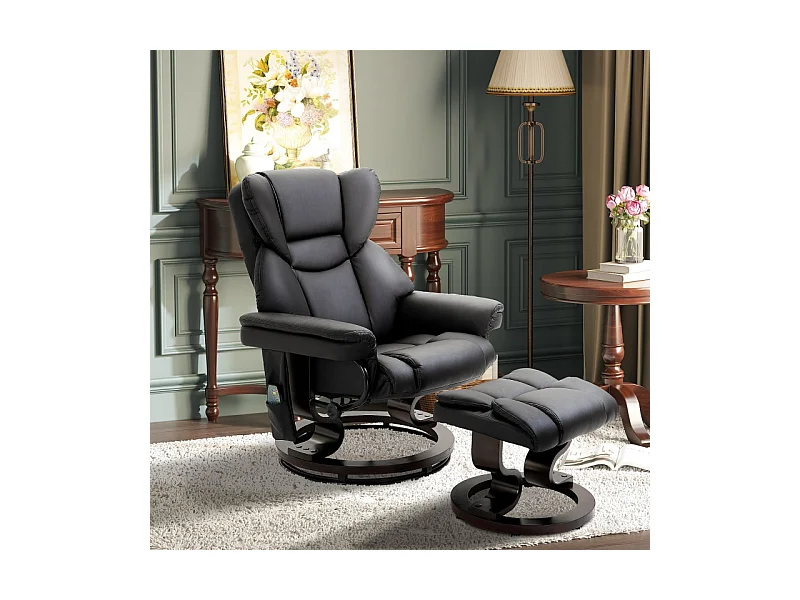 Fauteuil relax avec fonction massage et repose-pieds, simili cuir, noir, fonction inclinable (79x82x101 cm)