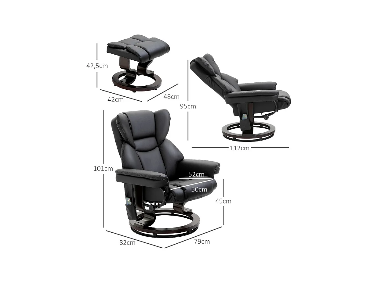 Fauteuil relax avec fonction massage et repose-pieds, simili cuir, noir, fonction inclinable (79x82x101 cm)