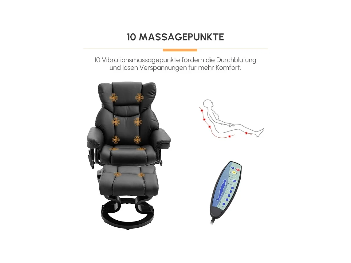 Fauteuil relax avec fonction massage et repose-pieds, simili cuir, noir, fonction inclinable (79x82x101 cm)