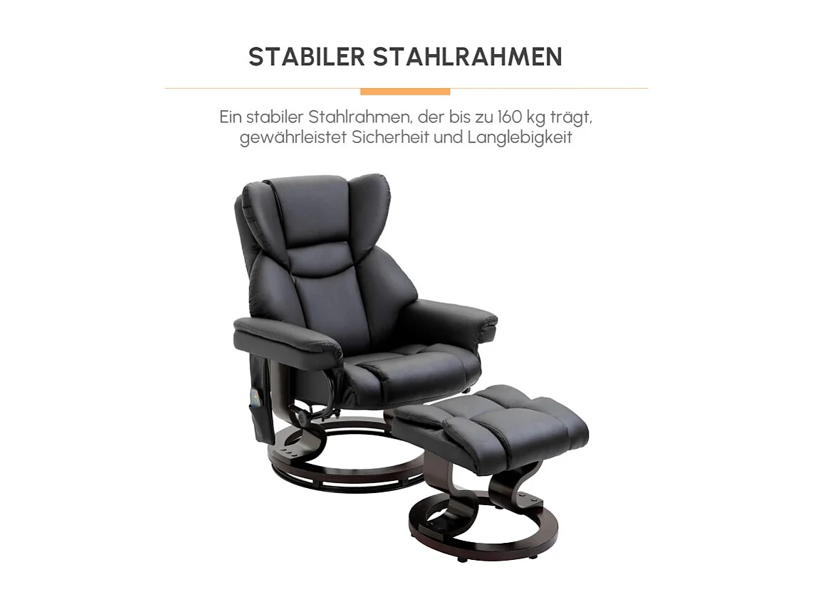 Fauteuil relax avec fonction massage et repose-pieds, simili cuir, noir, fonction inclinable (79x82x101 cm)