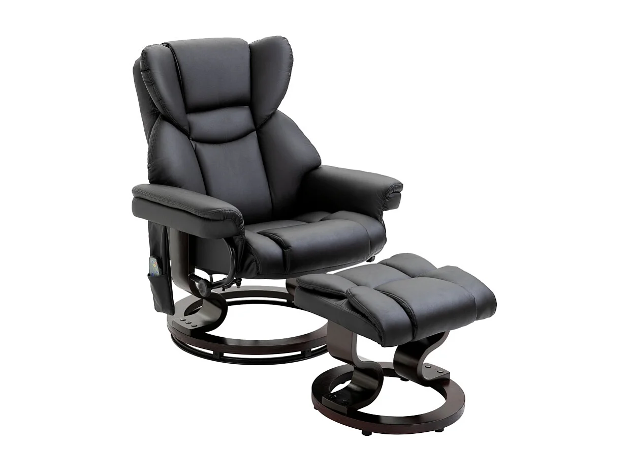 Fauteuil relax avec fonction massage et repose-pieds, simili cuir, noir, fonction inclinable (79x82x101 cm)