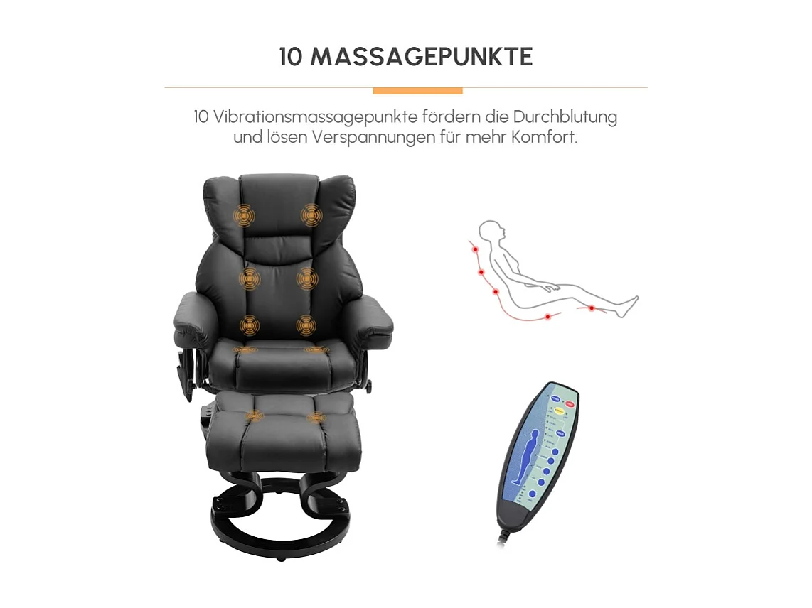 Fauteuil relax avec fonction massage et repose-pieds, simili cuir, noir, fonction inclinable (79x82x101 cm)