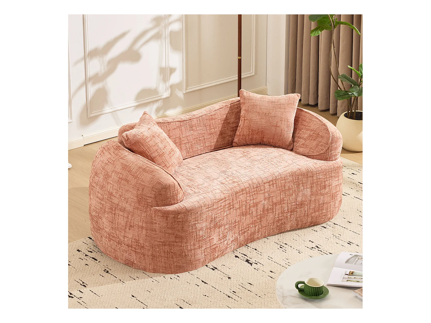 Canapé incurvé rose, 2 places, avec accoudoirs, coussins inclus, canapé crème pour petits espaces, sans montage nécessaire (170x87x65 cm)