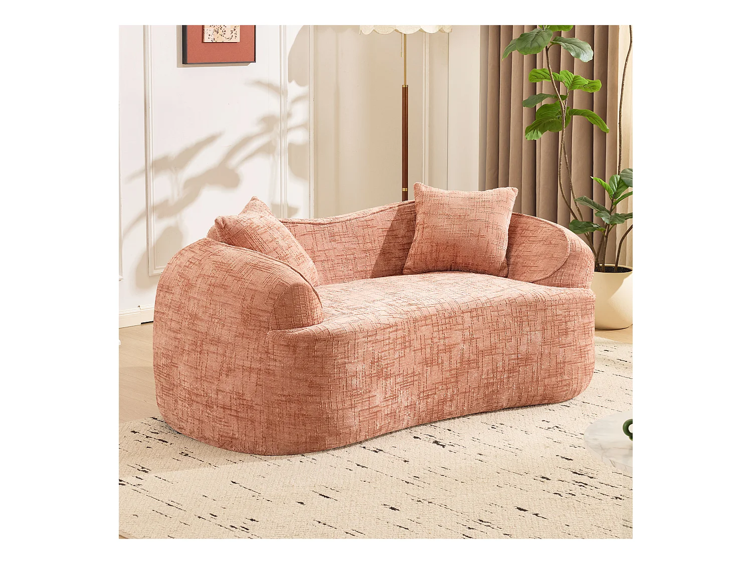 Canapé incurvé rose, 2 places, avec accoudoirs, coussins inclus, canapé crème pour petits espaces, sans montage nécessaire (170x87x65 cm)