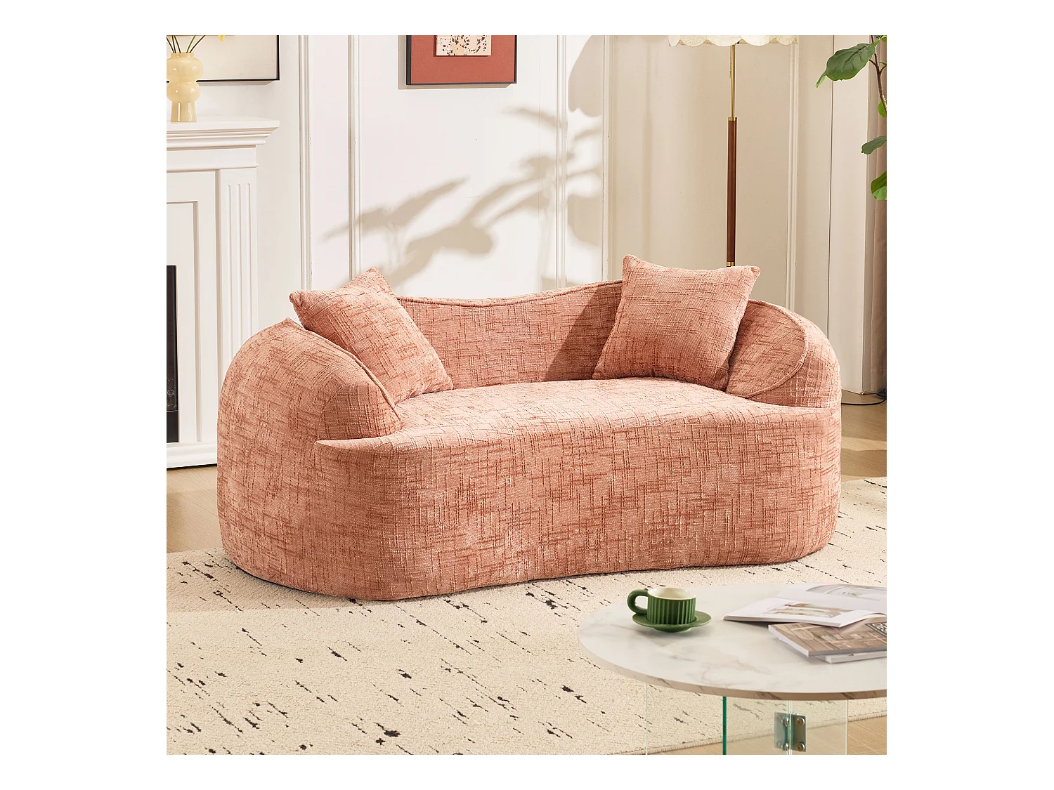 Canapé incurvé rose, 2 places, avec accoudoirs, coussins inclus, canapé crème pour petits espaces, sans montage nécessaire (170x87x65 cm)