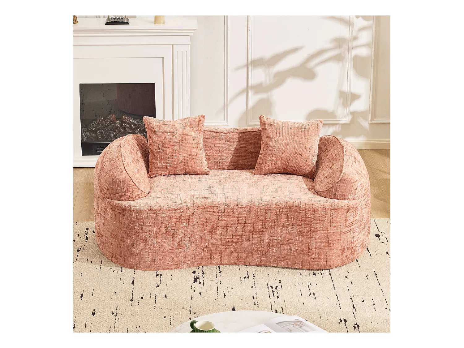 Canapé incurvé rose, 2 places, avec accoudoirs, coussins inclus, canapé crème pour petits espaces, sans montage nécessaire (170x87x65 cm)