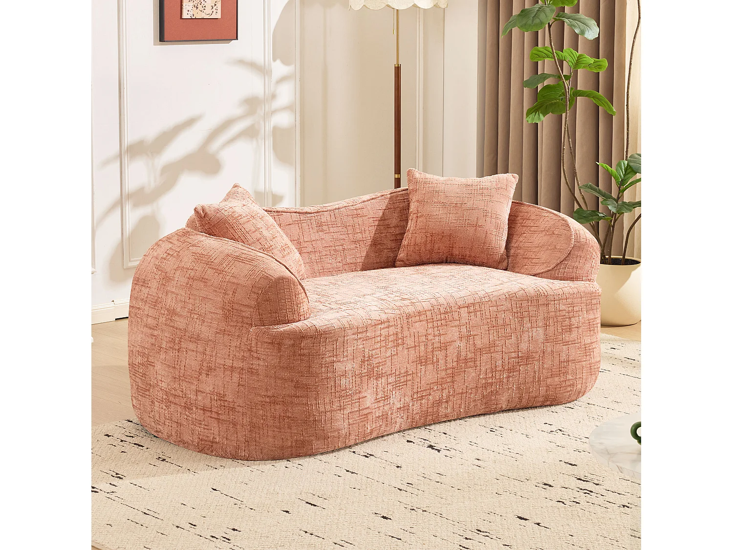 Divano curvo rosa, 2 posti, con braccioli, cuscini inclusi, divano color crema per piccoli spazi, non richiede montaggio (170x87x65 cm)