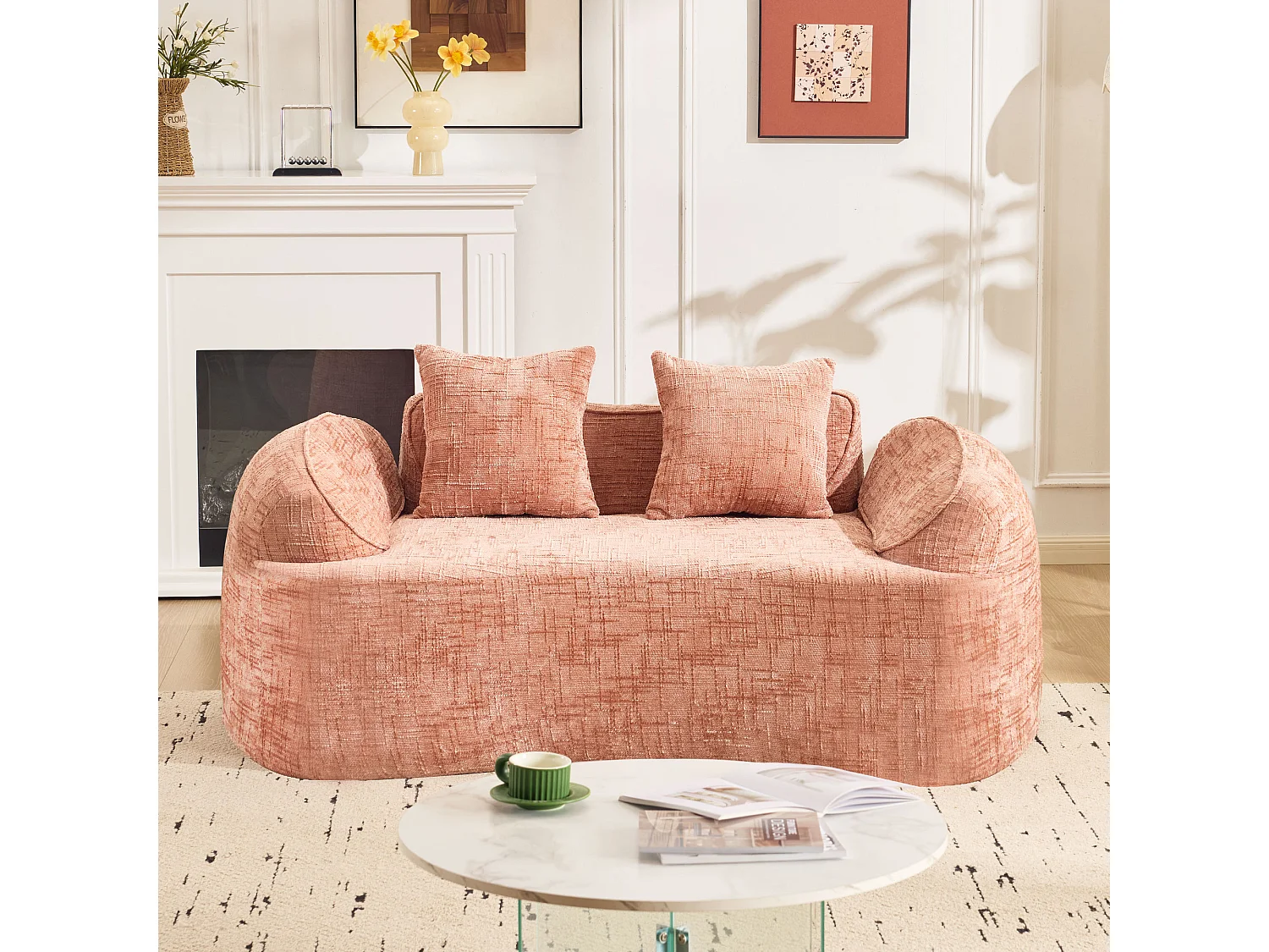 Divano curvo rosa, 2 posti, con braccioli, cuscini inclusi, divano color crema per piccoli spazi, non richiede montaggio (170x87x65 cm)