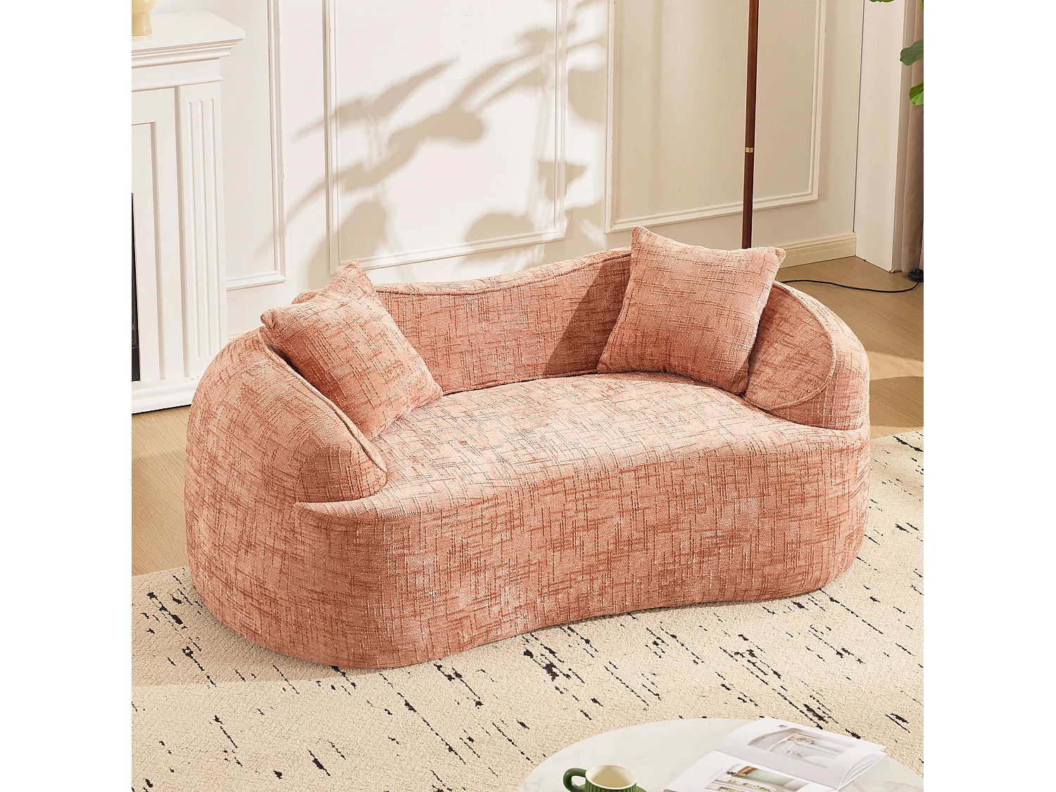 Divano curvo rosa, 2 posti, con braccioli, cuscini inclusi, divano color crema per piccoli spazi, non richiede montaggio (170x87x65 cm)