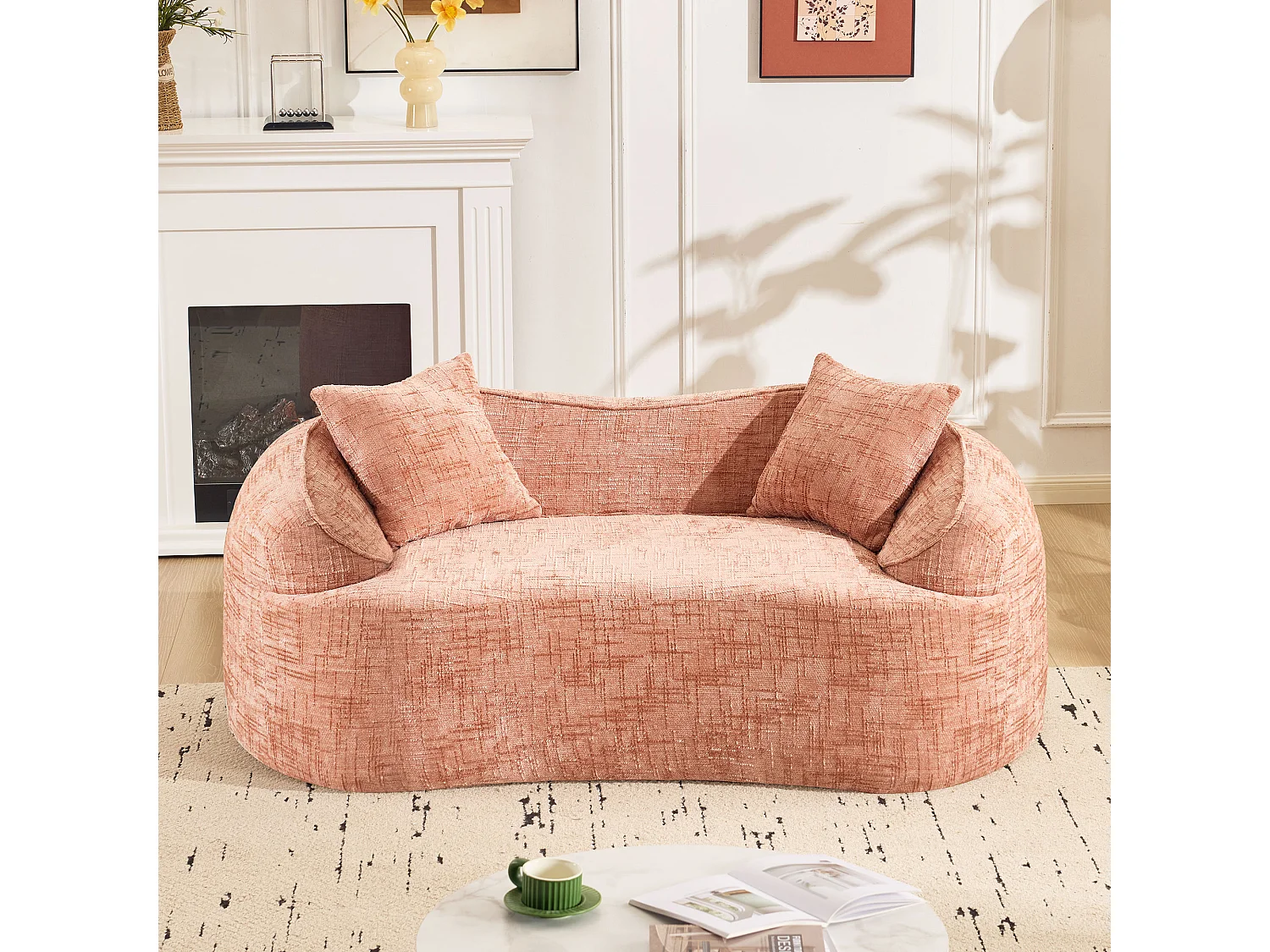 Divano curvo rosa, 2 posti, con braccioli, cuscini inclusi, divano color crema per piccoli spazi, non richiede montaggio (170x87x65 cm)