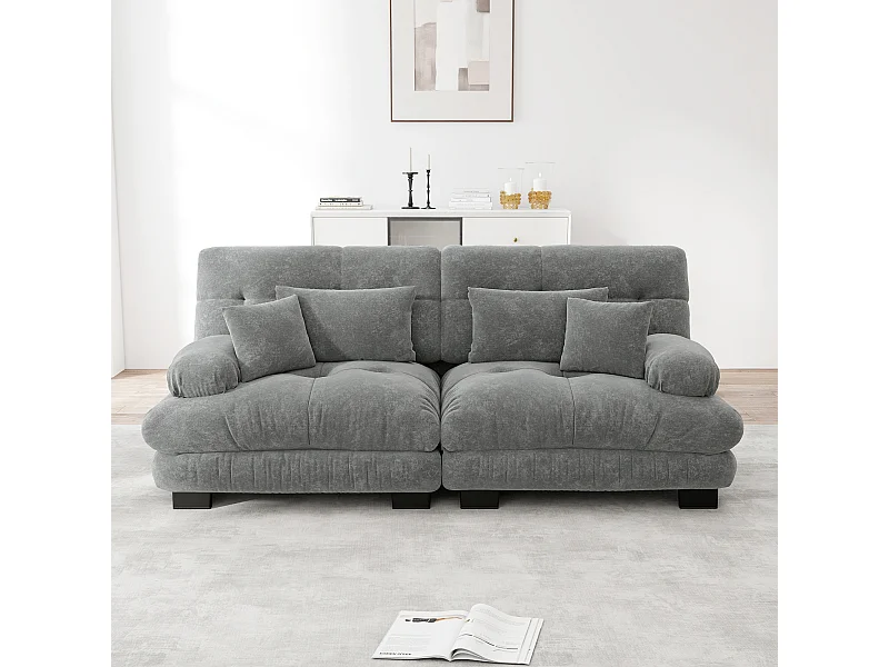 Divano angolare Cloud, divano a 2 posti in ciniglia con 2 cuscini lombari e 2 cuscini decorativi, struttura in legno massello (220x77x81 cm)