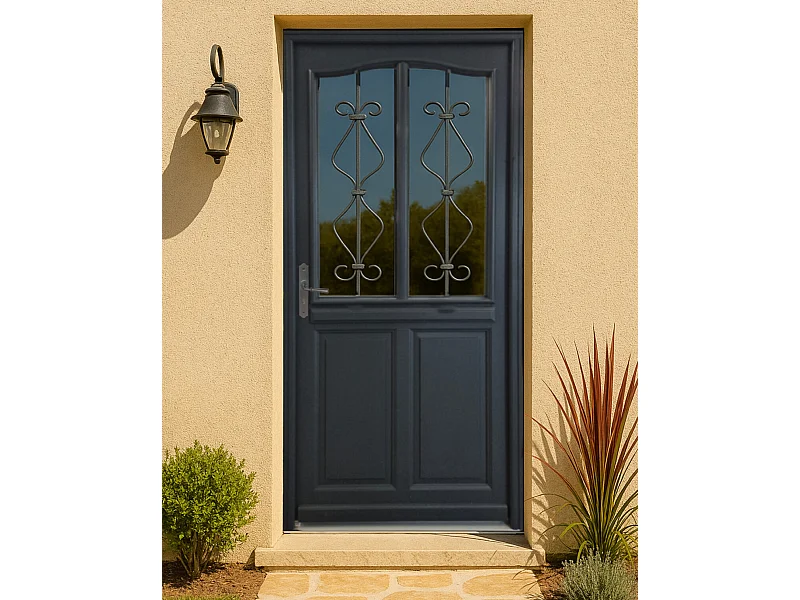 Porte D'entrée Bois Vitrée Sandro Gris Ral7016, H.215xl.90 Côte Tableau, P.droit Gd Menuiseries