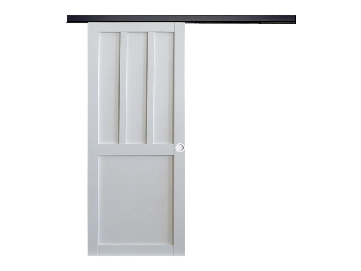 Porte Coulissante Atelier 2 Panneaux Blanc H204 X L83 + Rail Alu Bandeau Noir Et Coquilles Blanc Gd Menuiseries