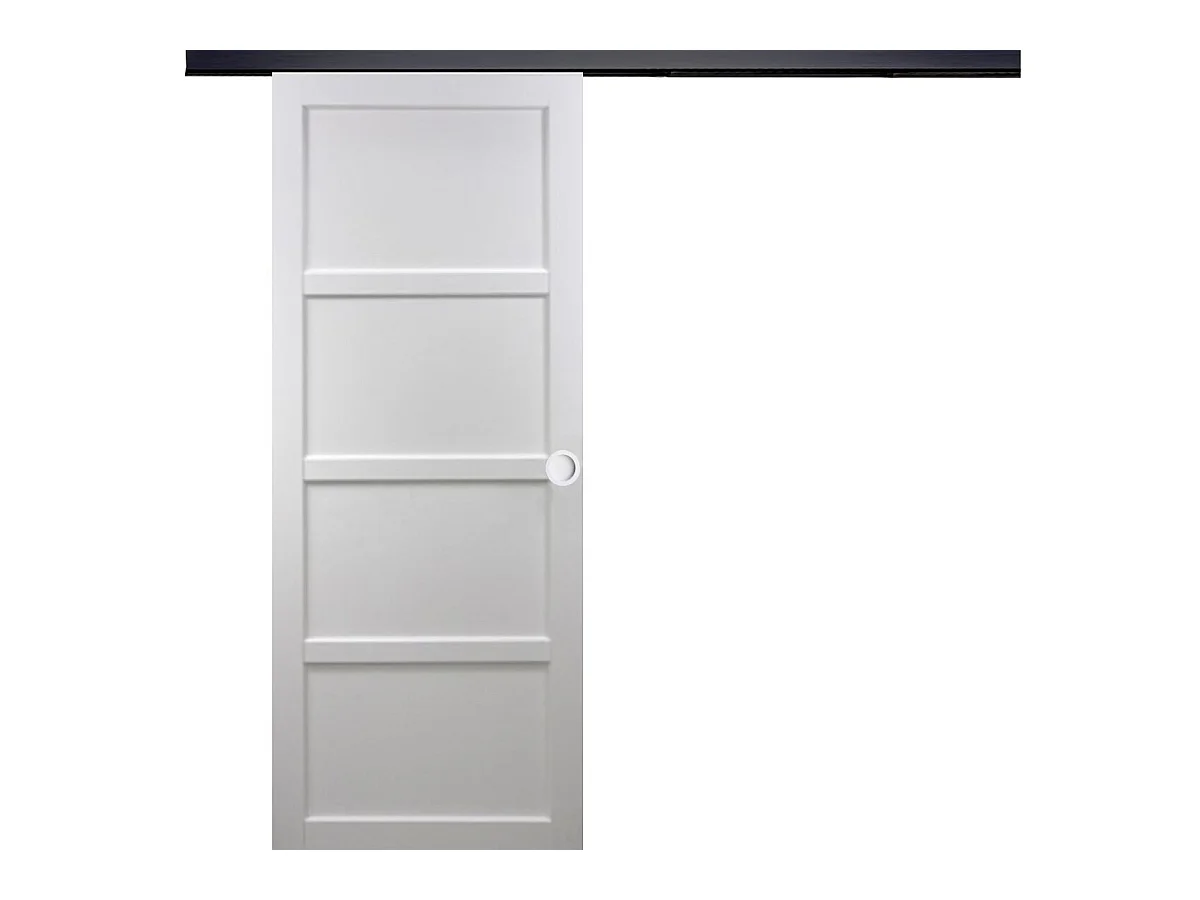 Porte Coulissante Tamera Blanc 4 Panneaux H204 X L93 + Rail Alu Bandeau Noir Et Coquilles Blanc Gd Menuiseries