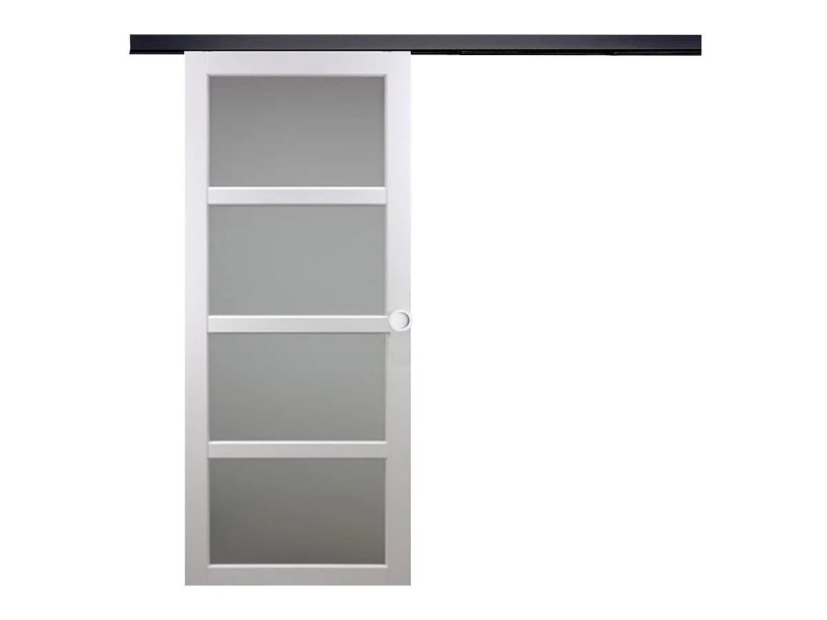 Porte Coulissante Tana Blanc Vitree H204 X L73 + Rail Alu Bandeau Noir Et Coquilles Blanc Gd Menuiseries