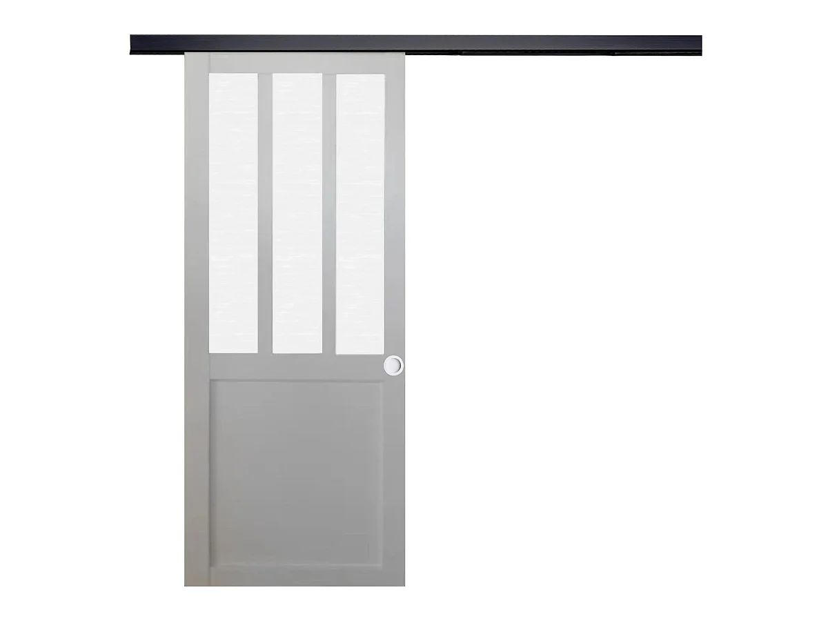 Porte Coulissante Atelier Blanc Vitre Depoli H204 X L83 + Rail Alu Bandeau Noir Et Coquilles Blanc Gd Menuiseries
