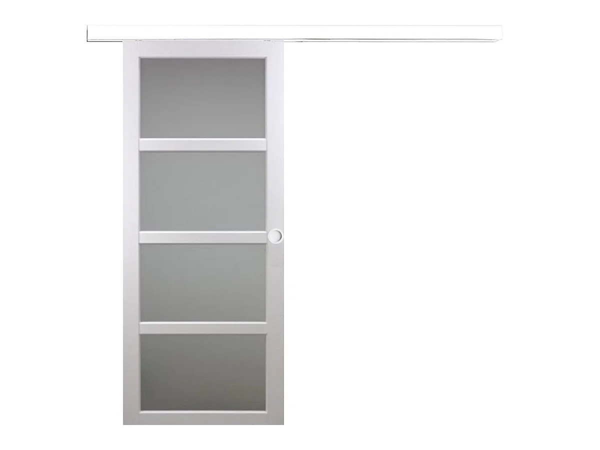 Porte Coulissante Tana Blanc Vitree H204 X L63 + Rail Alu Bandeau Blanc Et Coquilles Blanc Gd Menuiseries