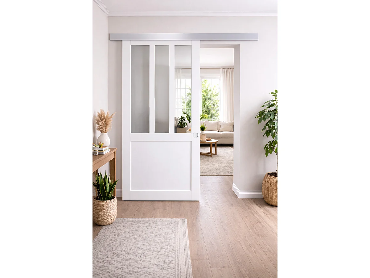 Porte Coulissante Atelier Blanc H204 X L93 Cm, Rail Alu, Coquilles Blanc Gd Menuiseries