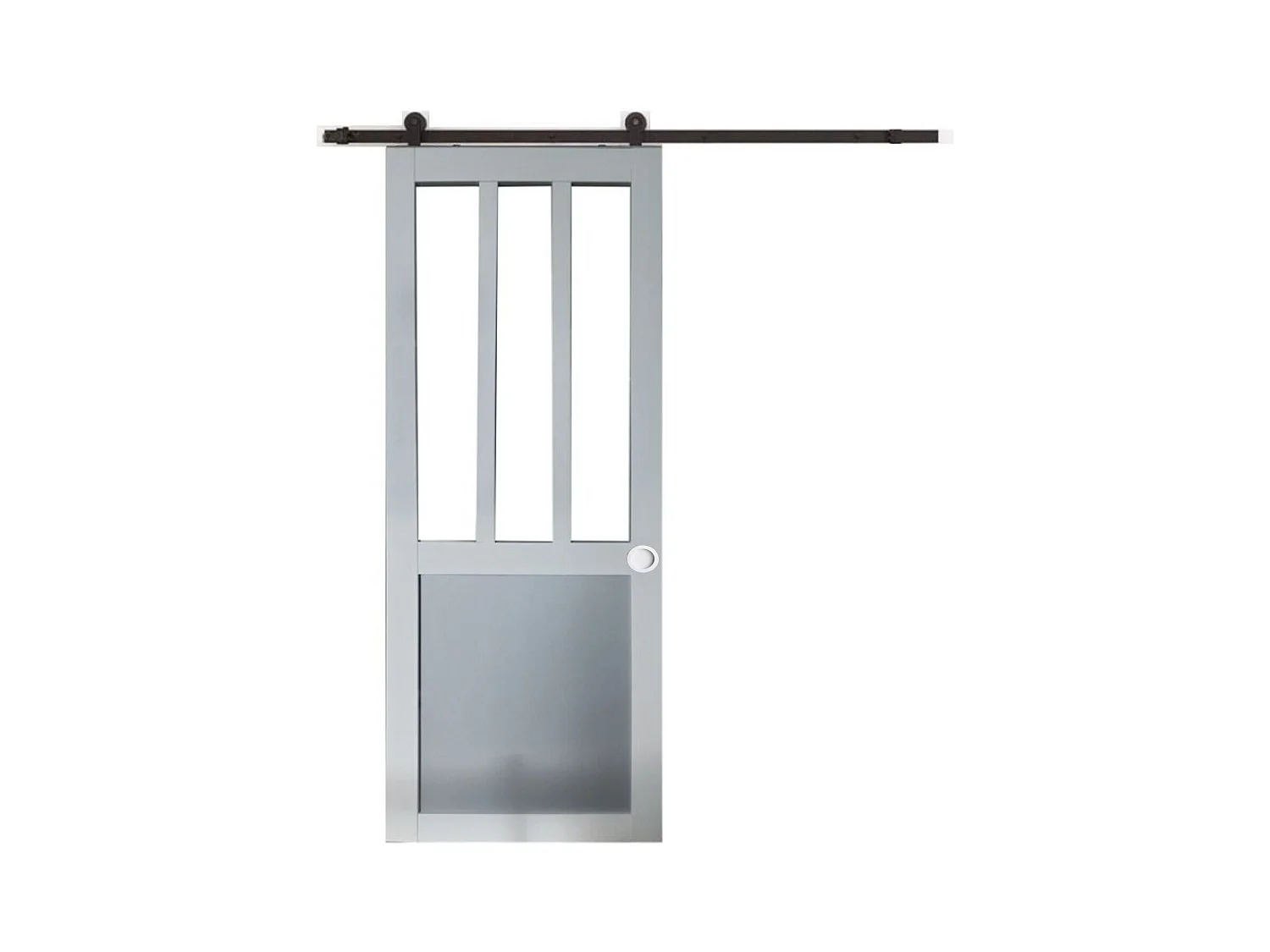 Porte Coulissante  Atelier Blanc Et Gris Ral7035 Vitree H204 X L83 + Rail A Roulettes Noir Et Coquilles Blanc Gd Menuiseries