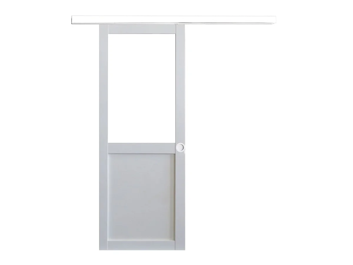 Porte Coulissante Atelier Blanc Sans Meneau H204 X L83 + Rail Alu Bandeau Blanc Et Coquilles Blanc Gd Menuiseries