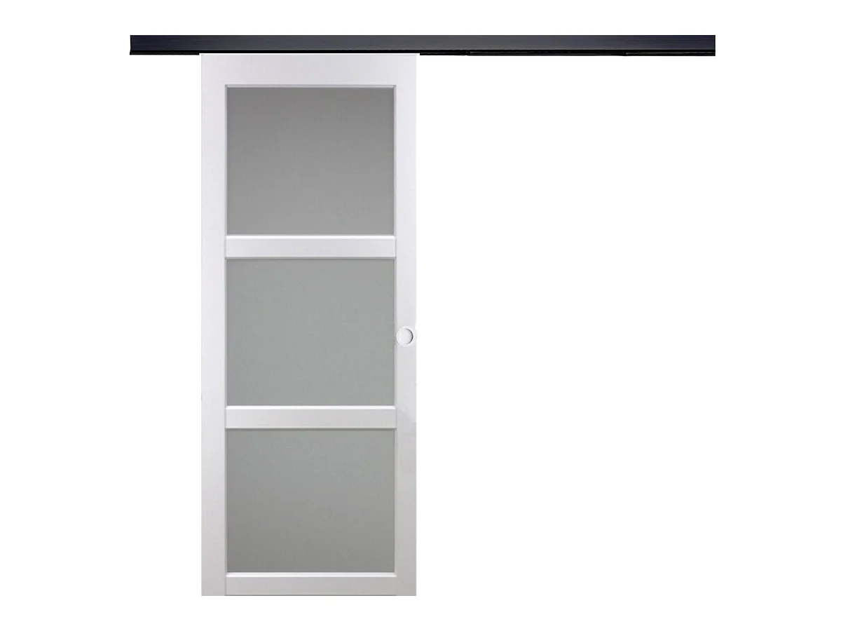 Porte Coulissante Kenya Blanc Vitree H204 X L93 + Rail Alu Bandeau Noir Et 2 Coquilles Blanc Gd Menuiseries