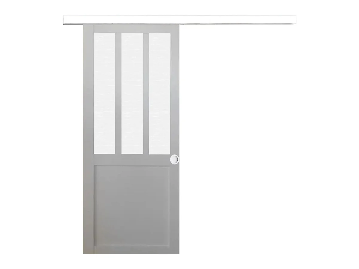Porte Coulissante Atelier Blanc Vitre Depoli H204 X L73 + Rail Alu Bandeau Blanc Et Coquilles Blanc Gd Menuiseries
