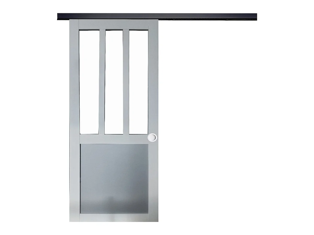 Porte Coulissante Atelier Blanc Et Gris Ral7035 Vitree H204 X L83 + Rail Alu Bandeau Noir Et Coquilles Blanc Gd Menuiseries