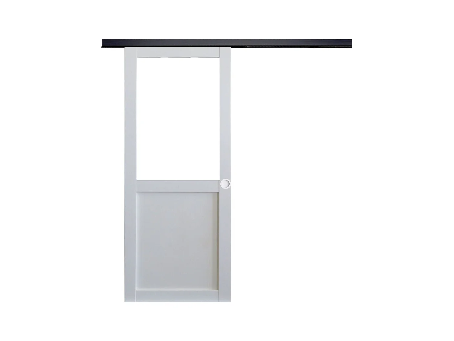Porte Coulissante Atelier Blanc Sans Meneau H204 X L93 + Rail Alu Bandeau Noir Et Coquilles Blanc Gd Menuiseries