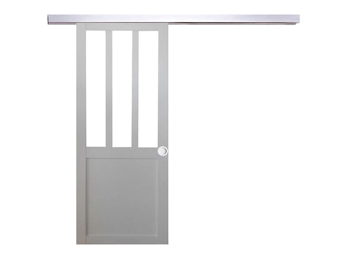 Porte Coulissante Atelier Blanc H204 X L73 + Rail Alu Et Coquilles Blanc Gd Menuiseries