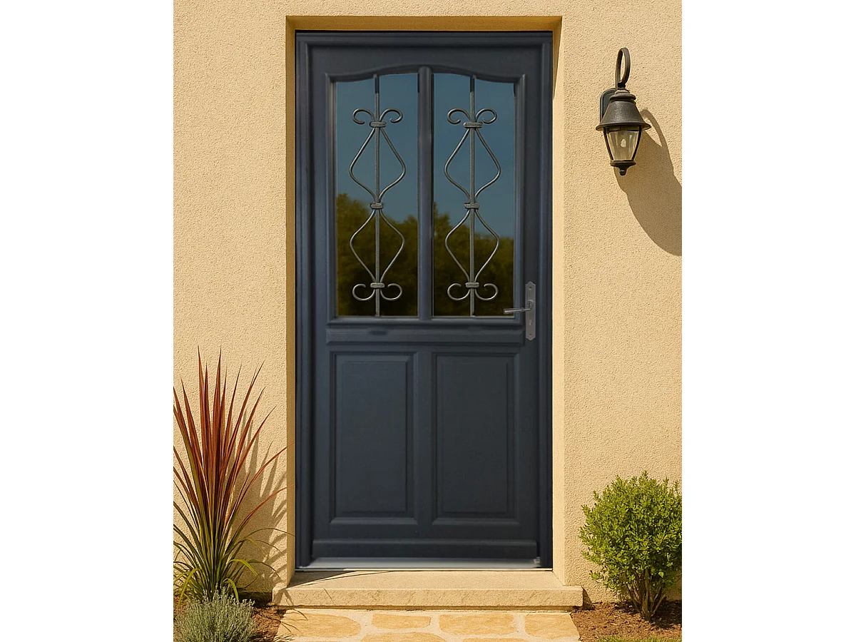 Porte D'entrée Bois Vitrée Sandro Gris Ral7016, H.200 X L.90 P, Gauche Côte Tableau Gd Menuiseries