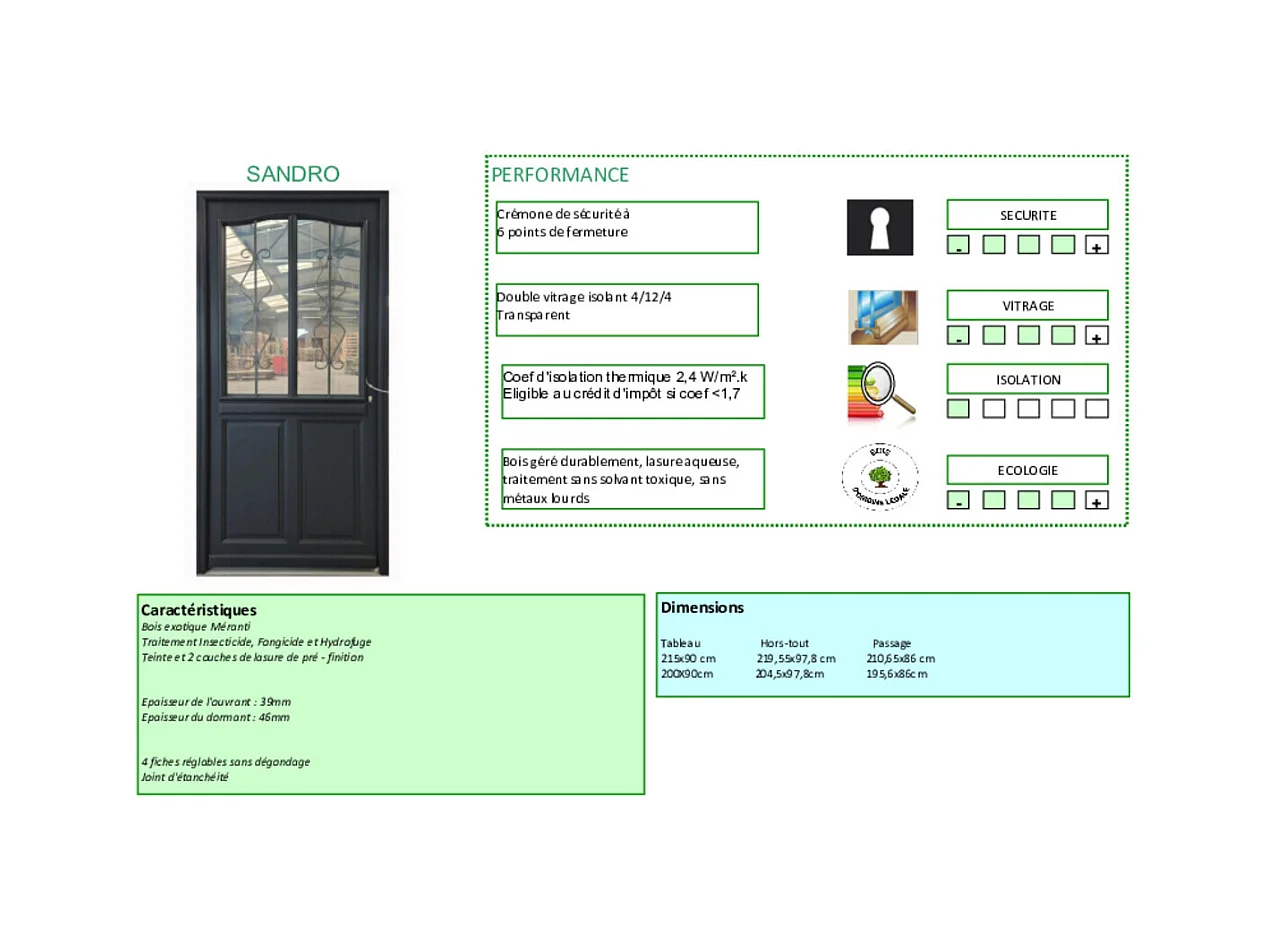 Porte d'entree Bois vitree, Sandro gris RAL7016, H,215xl,90  p, gauche Cote Tableau